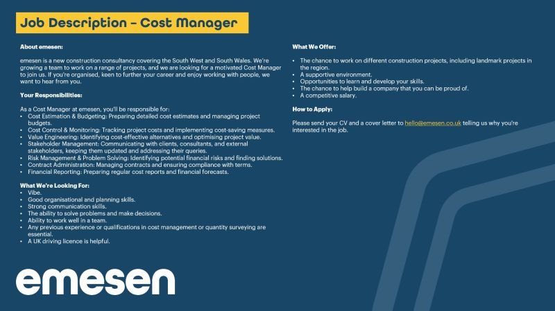 We're looking for a Cost Manager to join us!